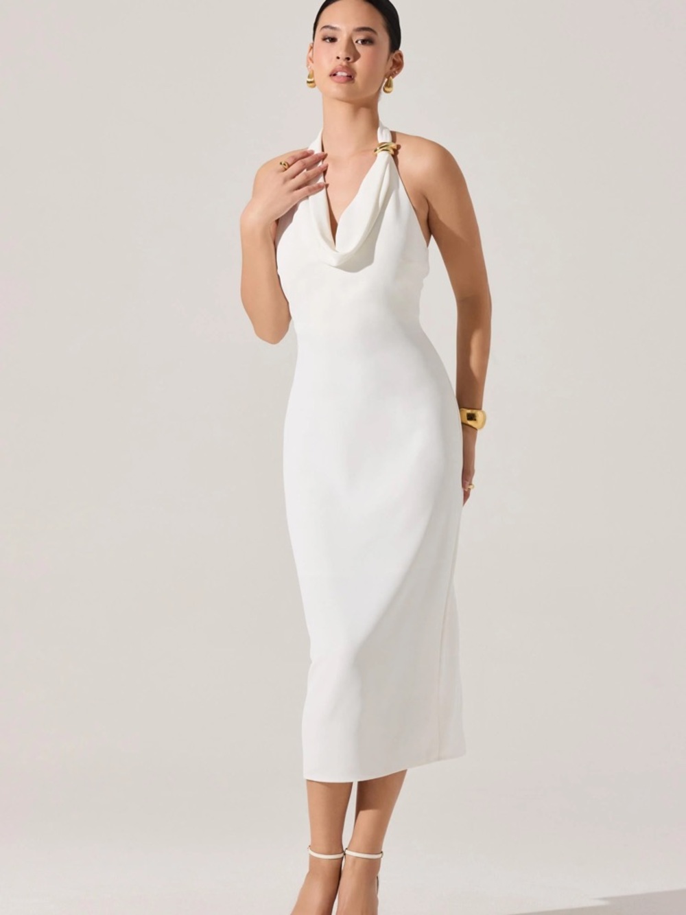 NWT Astr White Halter Cowl Midi Dress with Gold Ring Detail